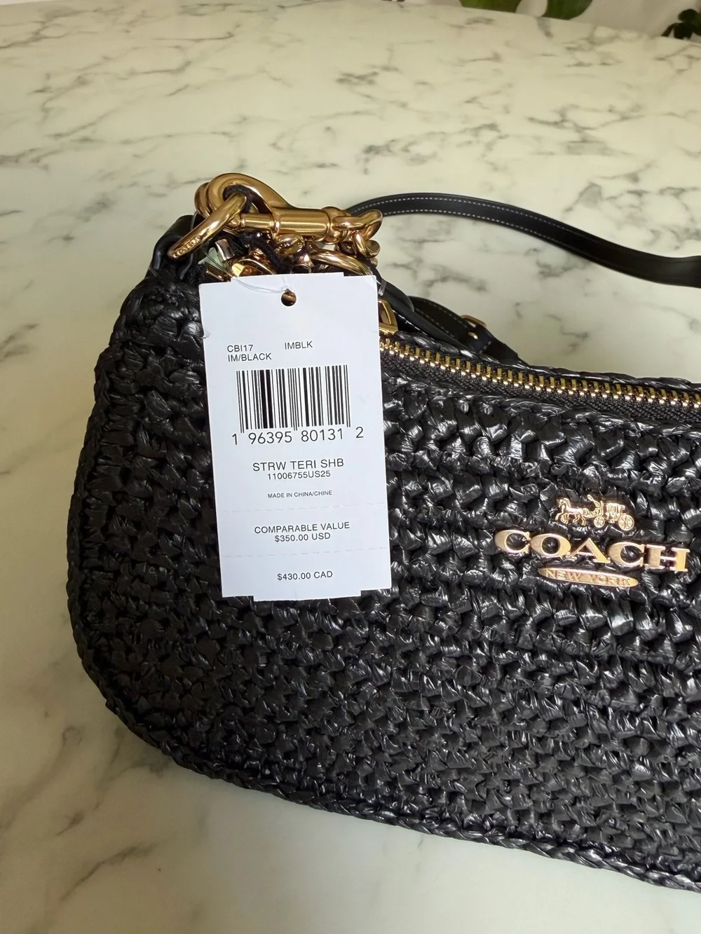NWT Coach Teri Shoulder Crossbody Bag In Woven Straw & Leather Gold Black CBI17 - Picture 8 of 14